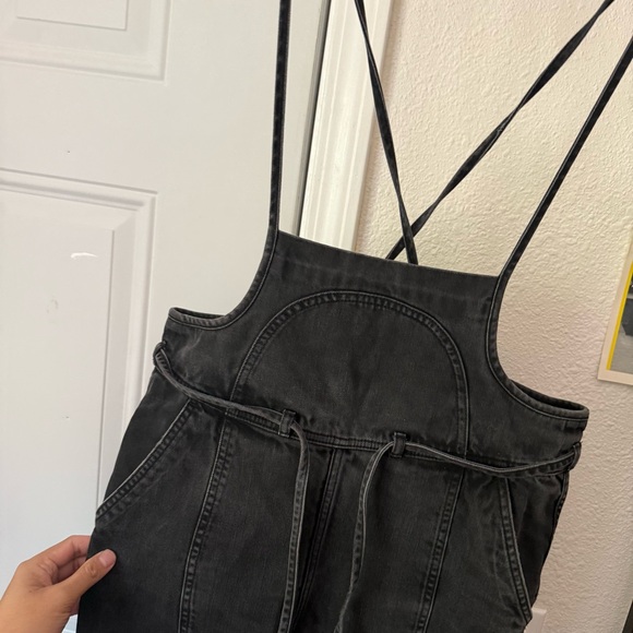 ULLA JOHNSON washed black cotton denim straight leg cropped overalls - Picture 3 of 7